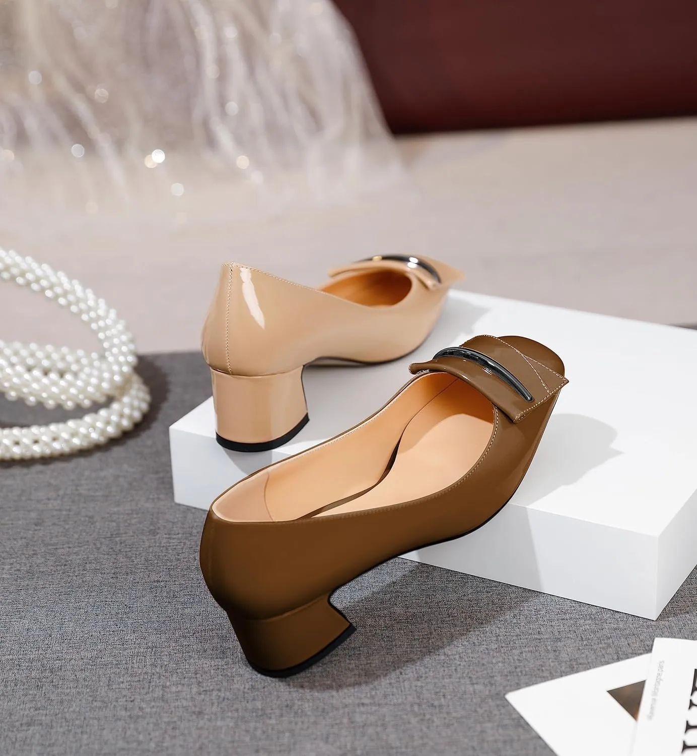 AUMOTED Women's Chunky Low Block Heels Closed Toe Dress Pumps Shoes Square Toe Heels Slip On 2 Inch Patent Buckle Bow Pumps