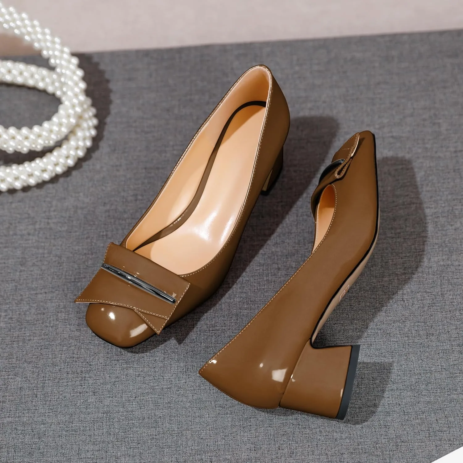 AUMOTED Women's Chunky Low Block Heels Closed Toe Dress Pumps Shoes Square Toe Heels Slip On 2 Inch Patent Buckle Bow Pumps