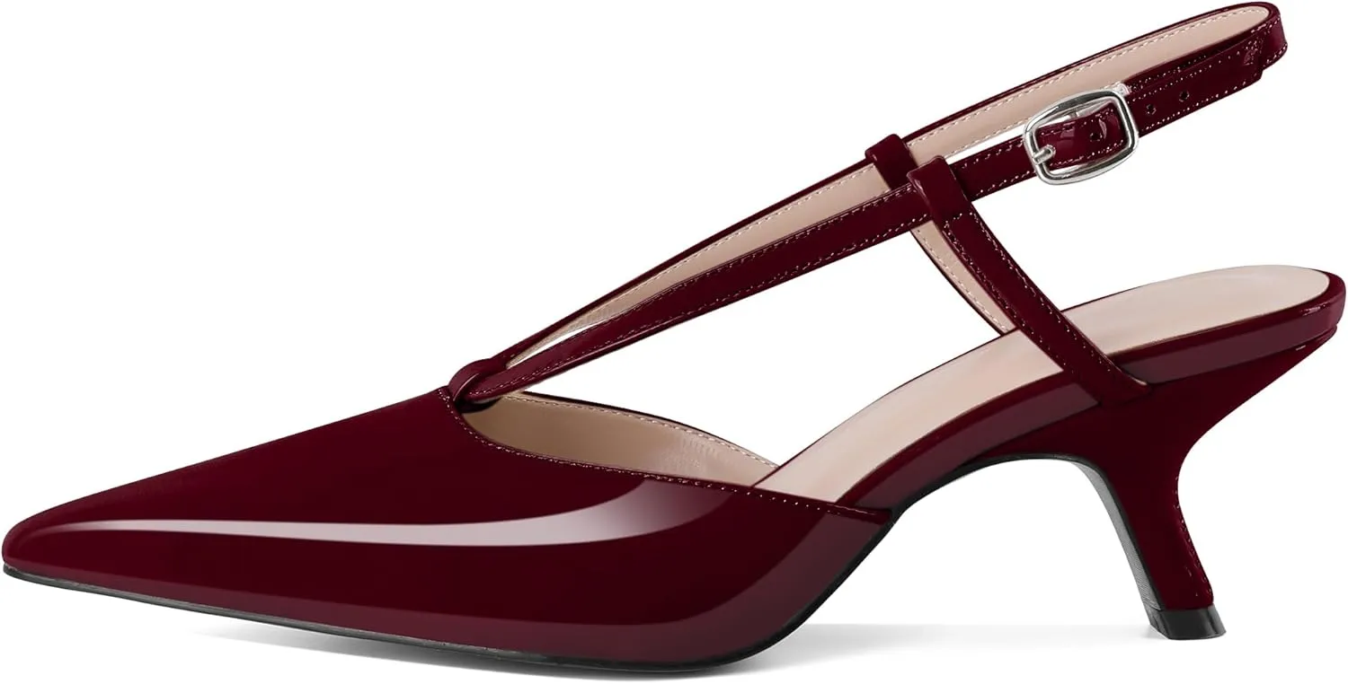 Eldof Womens Kitten Heel Pointed Toe Slingback Slip On Pumps Shoes Women Dress Low Heels 2.5 Inches