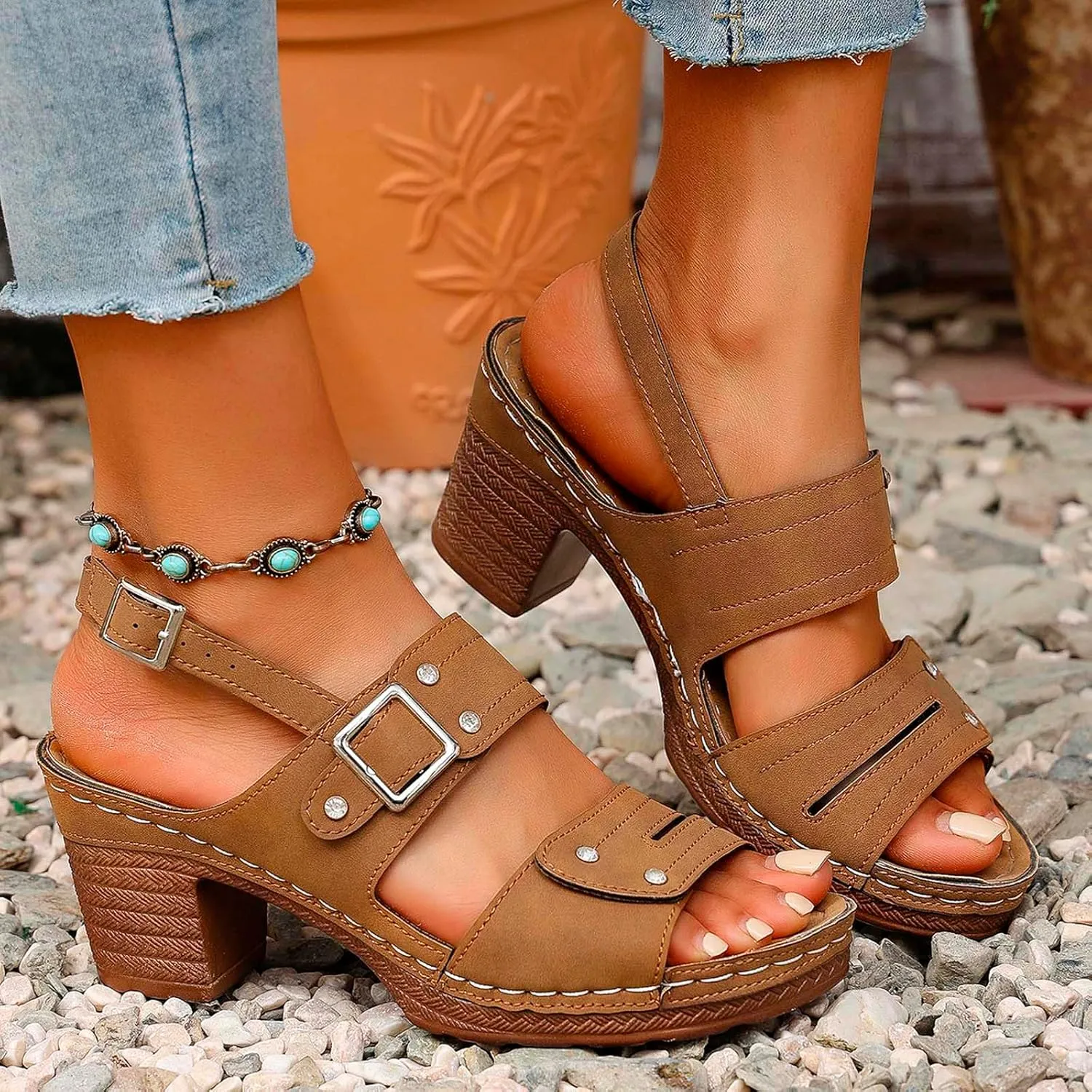 Low Block Chunky Heels Sandal Comfortable Open Toe Heels Comfortable Beach Shoes Sandals