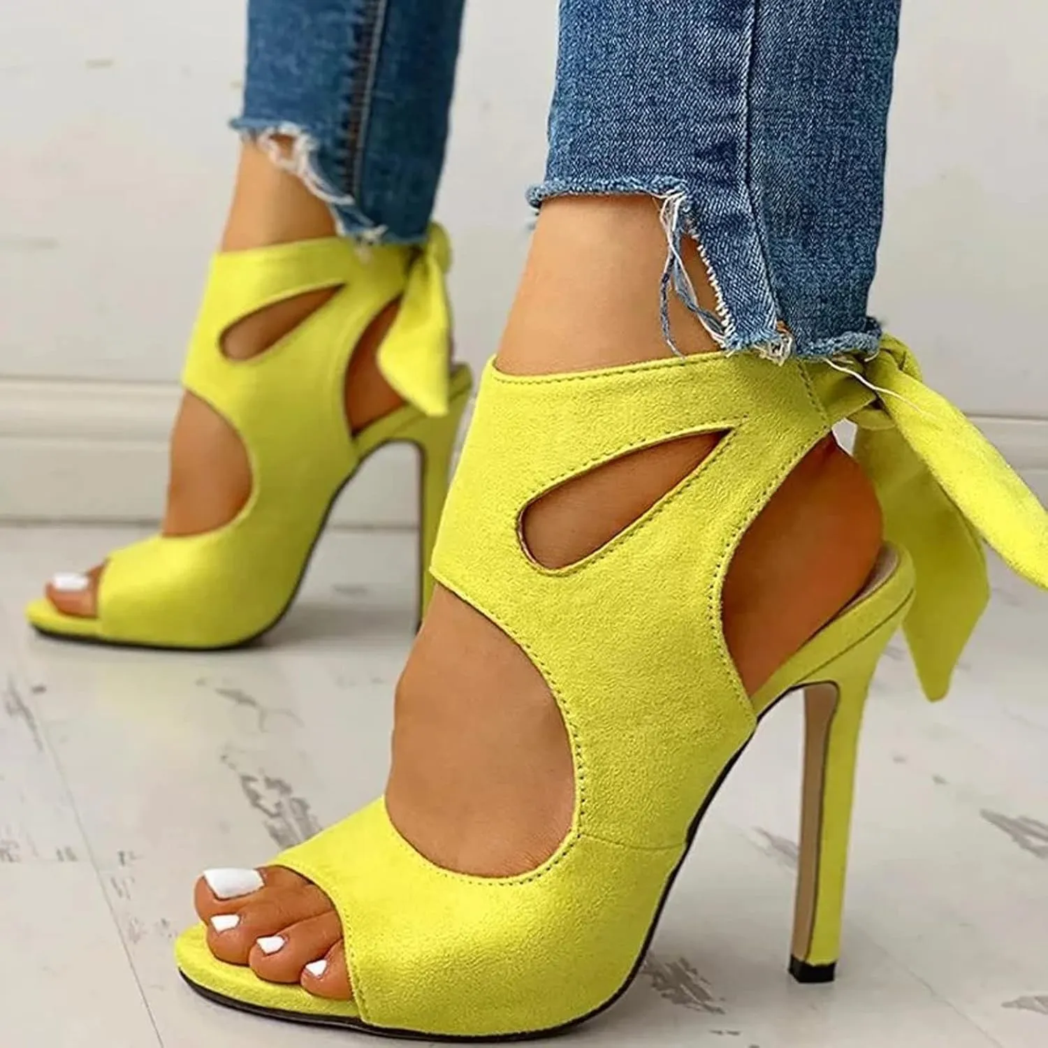 oiangi Womens Suede Super High Heel Sandals Fashion Fish Mouth Hollow Open Toe Strap Back Lace Up Stilettos Summer Solid Comfy Casual Ladies Shoes