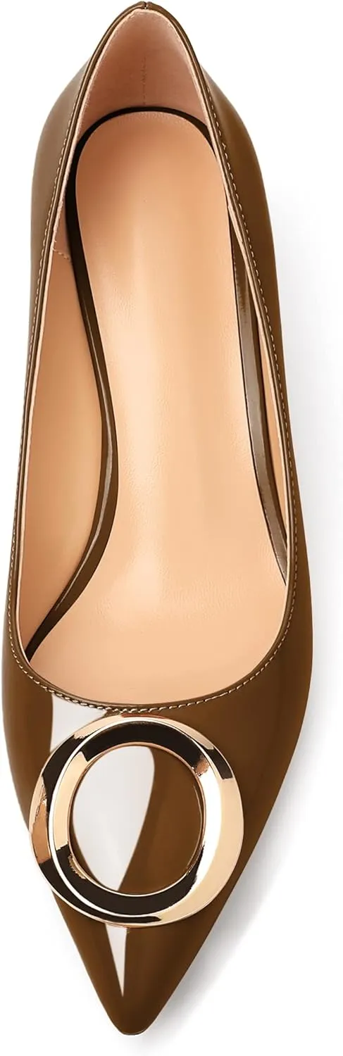 SAMMITOP Women's Block Heel Chunky Pumps Low Heels Pointed Toe Heel with Metal Buckle Slip on Closed Toe Heeled Loafers Wedding Party Dress Shoes