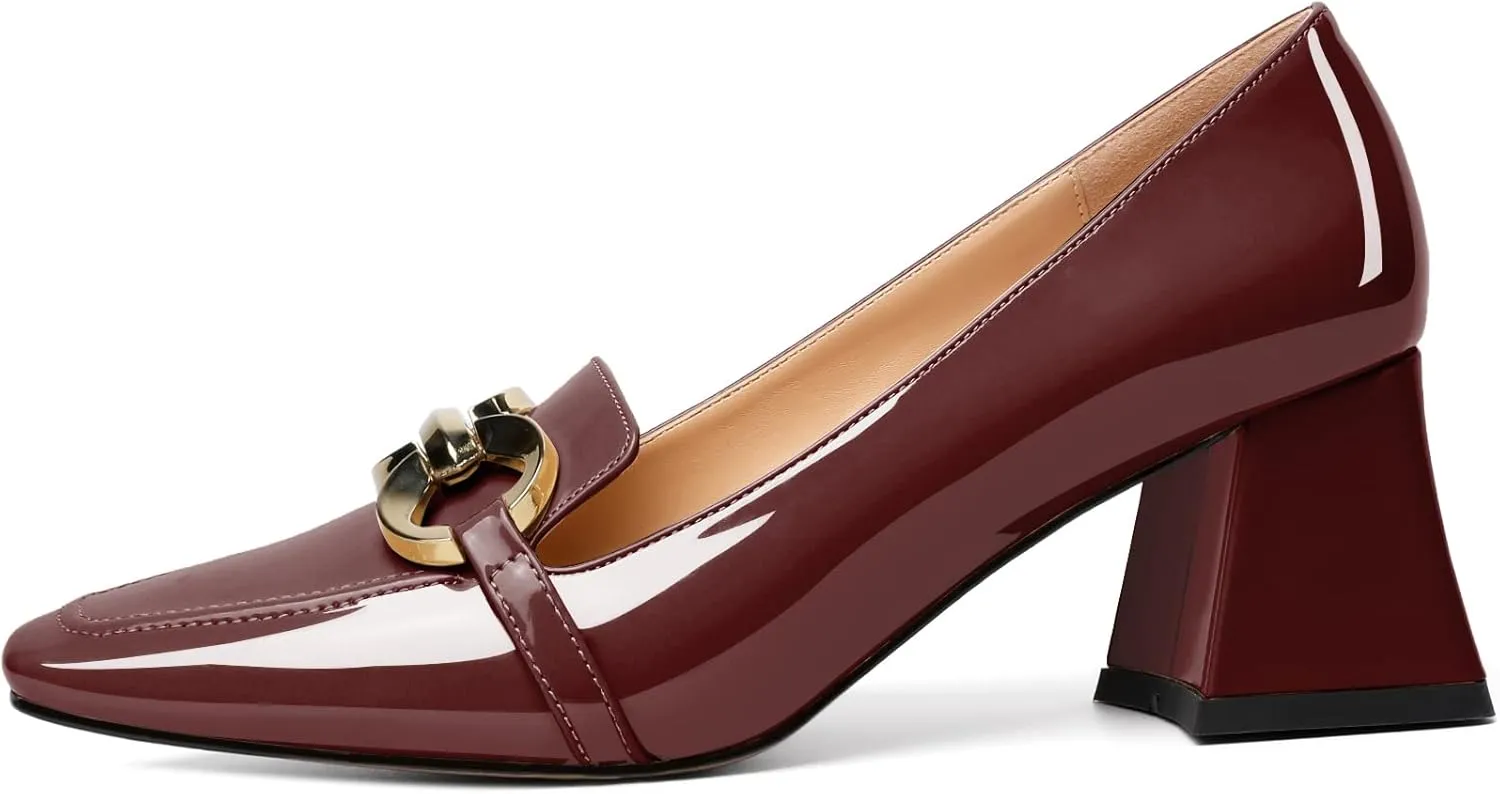 Soireelady Block Heels for Women|Square Toe Chunky Heels| Mid Block Heel Pumps|Retro Metal Chain Heels|Classic Slip-On Loafer Shoes|Dressy Pumps for Party Wedding Evening and Office