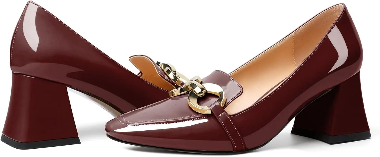 Soireelady Block Heels for Women|Square Toe Chunky Heels| Mid Block Heel Pumps|Retro Metal Chain Heels|Classic Slip-On Loafer Shoes|Dressy Pumps for Party Wedding Evening and Office