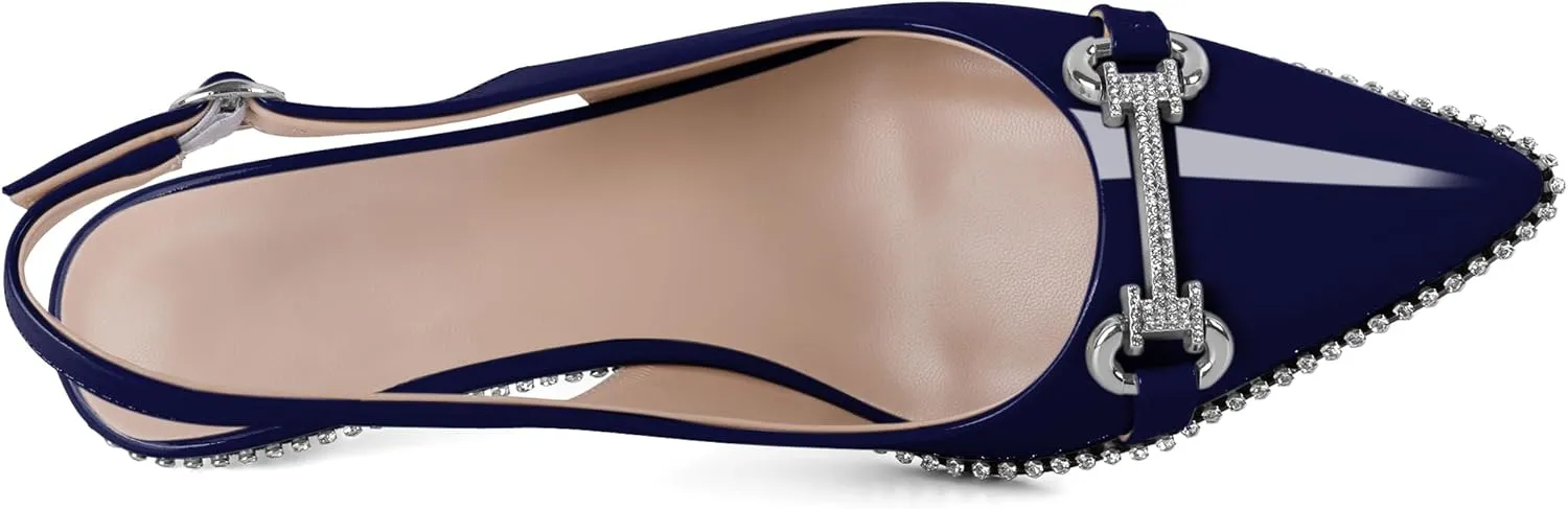 Soireelady Womens Slingback Kitten Heels Low Heel Rhinestones Beaded Pumps Closed Pointed Toe Slip On Party Fashion Dress Shoes 1.5 Inches