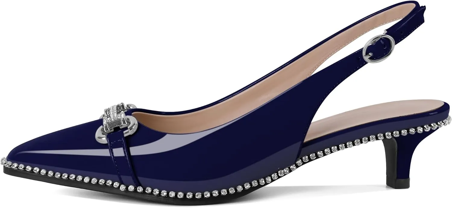 Soireelady Womens Slingback Kitten Heels Low Heel Rhinestones Beaded Pumps Closed Pointed Toe Slip On Party Fashion Dress Shoes 1.5 Inches