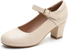 Women's Mary Jane Shoes Low Block Heel Ankle Strap Closed Round Toe Pumps Dress Wedding Office Work Church Shoes Nude Matte 41-9US